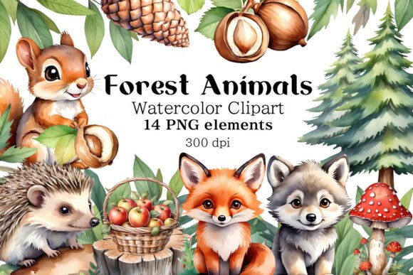 Forest Animals Watercolor Clipart, PNG