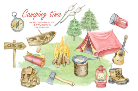 Watercolor Camping Hiking Clip Art