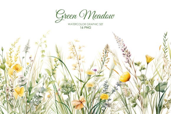 Watercolor Green Meadow Floral Clipart